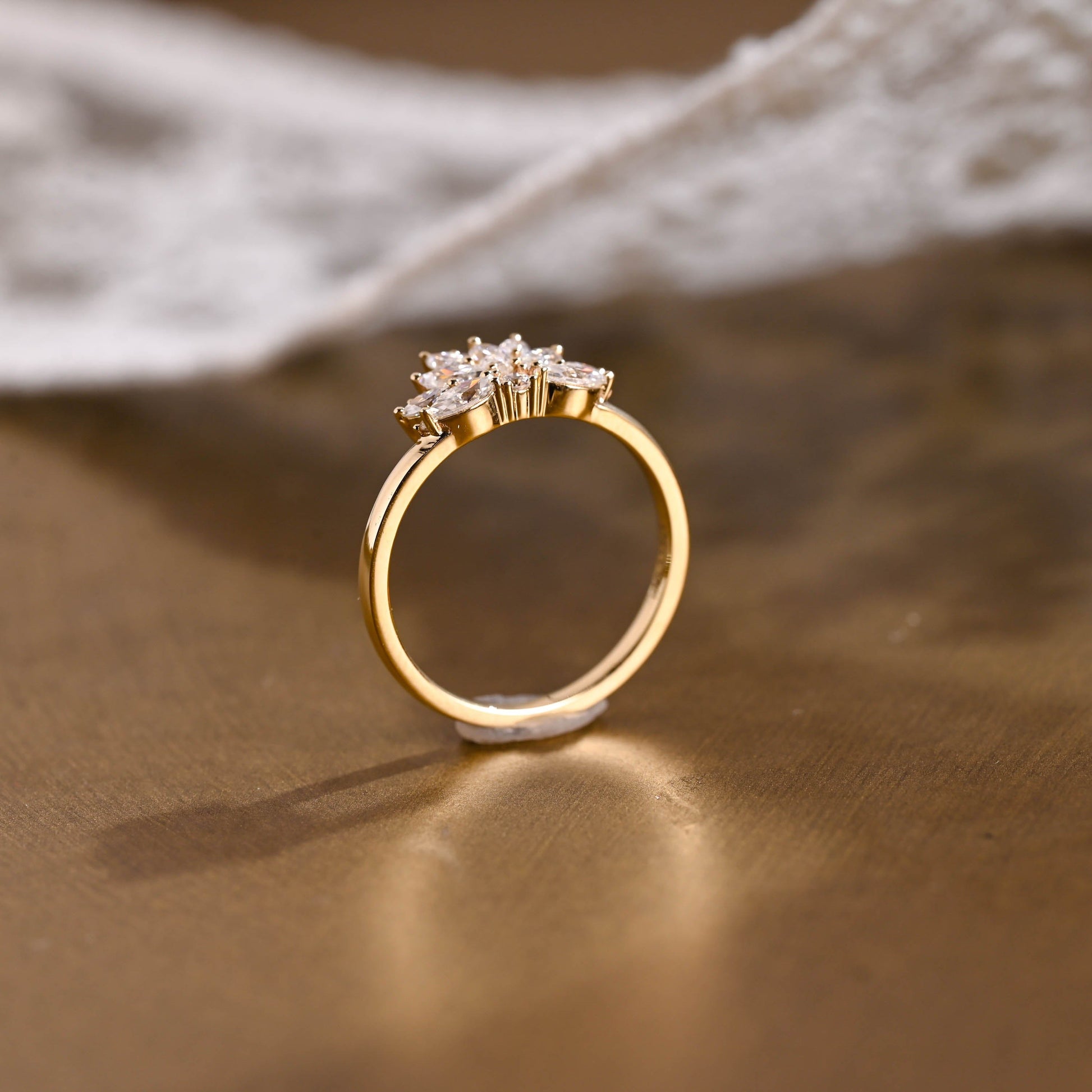 SquareJewelry women's wedding ring Solid Gold Cluster Maruiqse & Round Moissanite Wedding Band