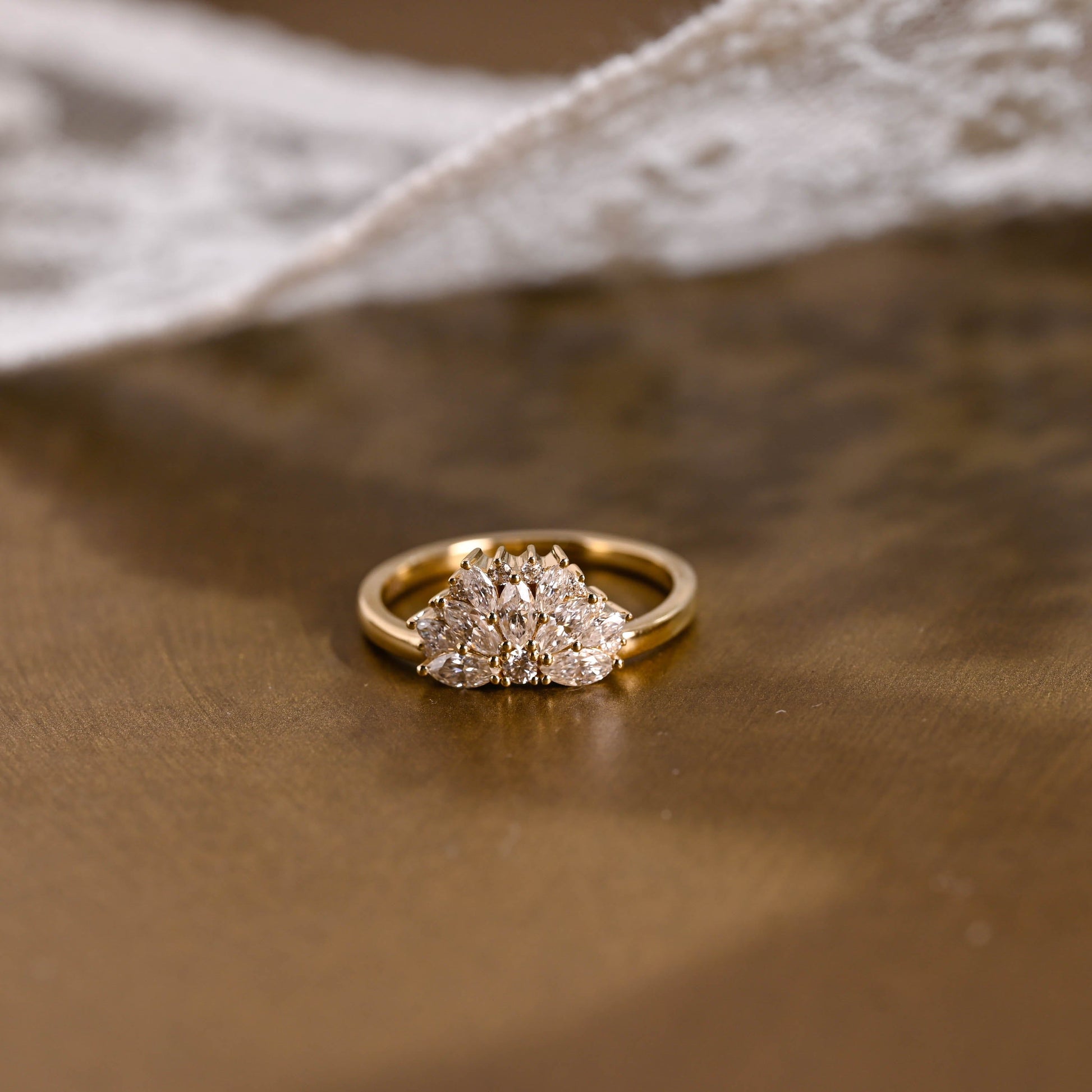 SquareJewelry women's wedding ring Solid Gold Cluster Maruiqse & Round Moissanite Wedding Band