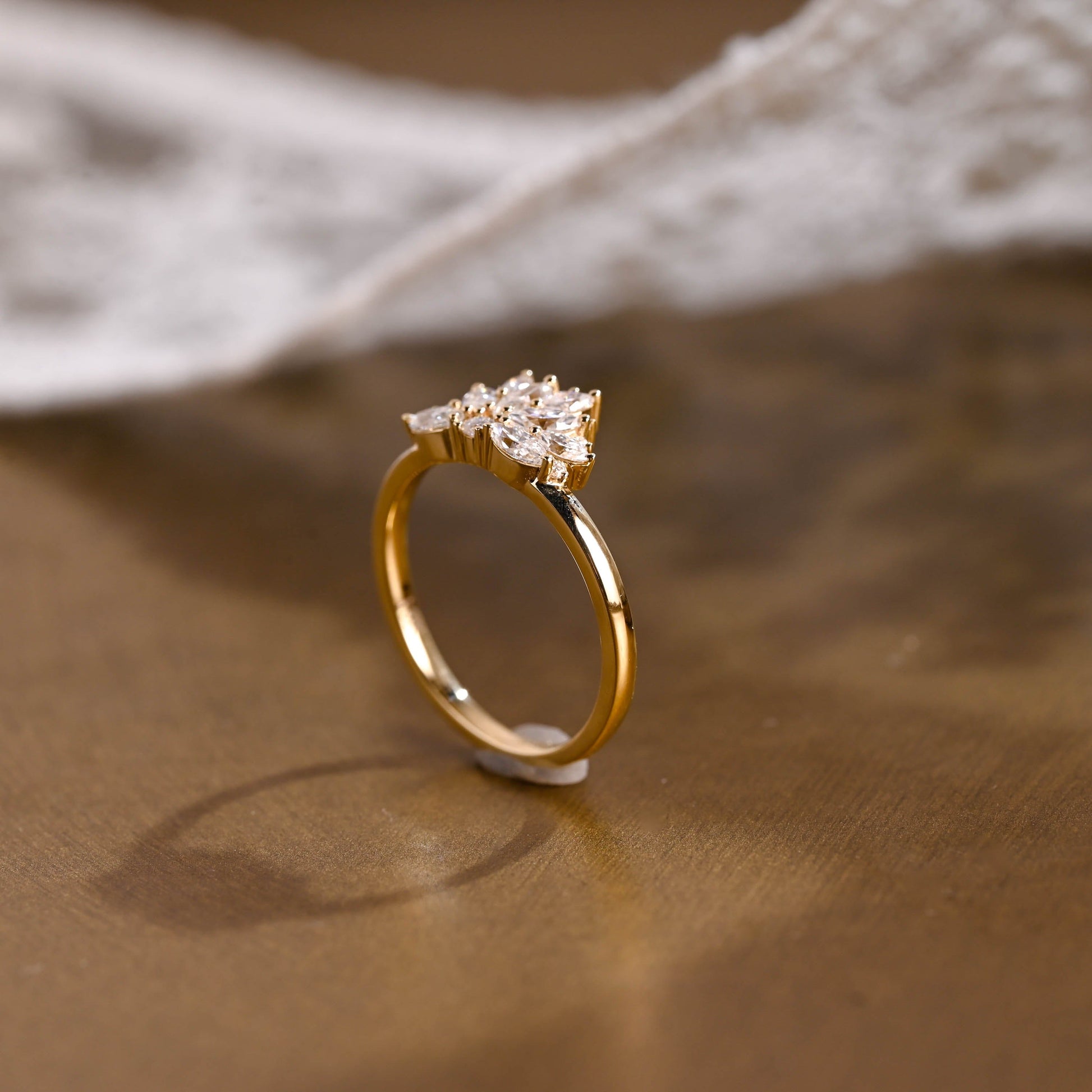 SquareJewelry women's wedding ring Solid Gold Cluster Maruiqse & Round Moissanite Wedding Band