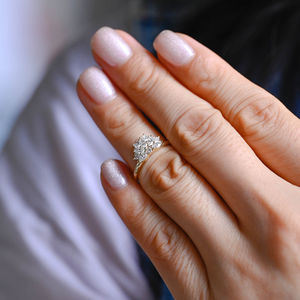 SquareJewelry women's wedding ring Solid Gold Cluster Maruiqse & Round Moissanite Wedding Band
