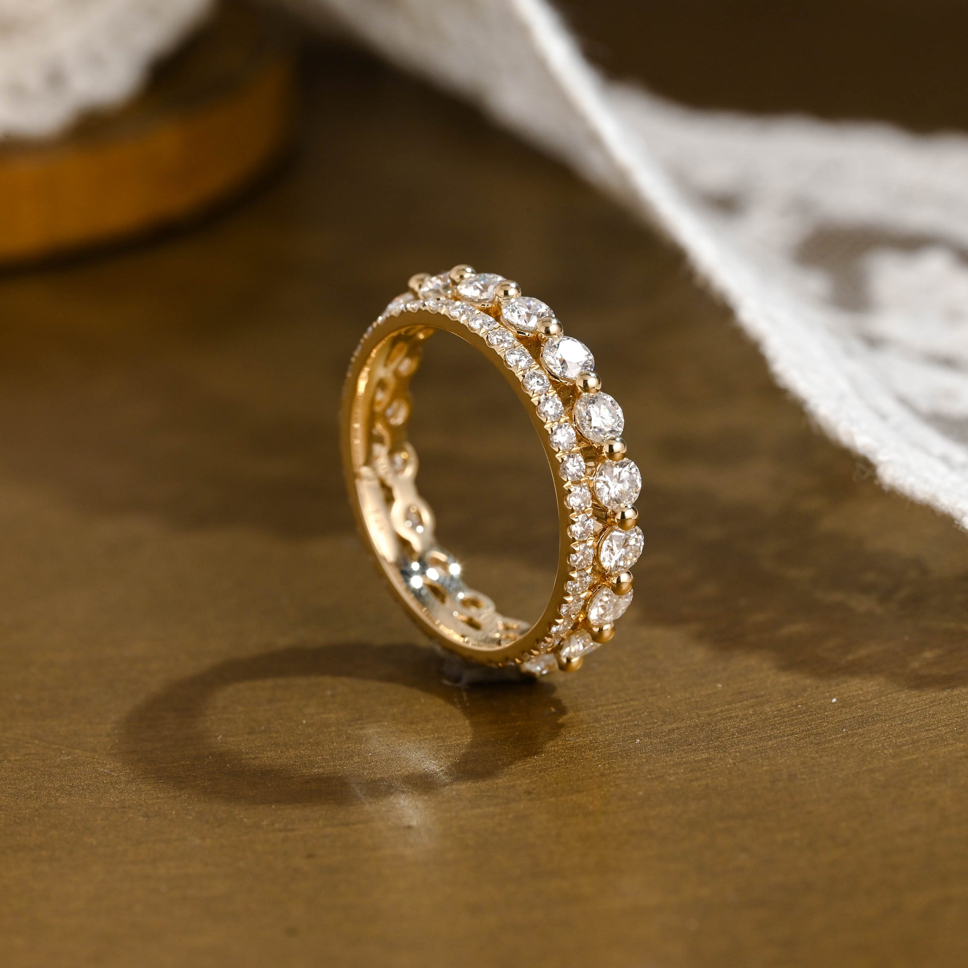 SquareJewelry women's wedding ring Solid Gold Double Row Round Moissanite Wedding Band