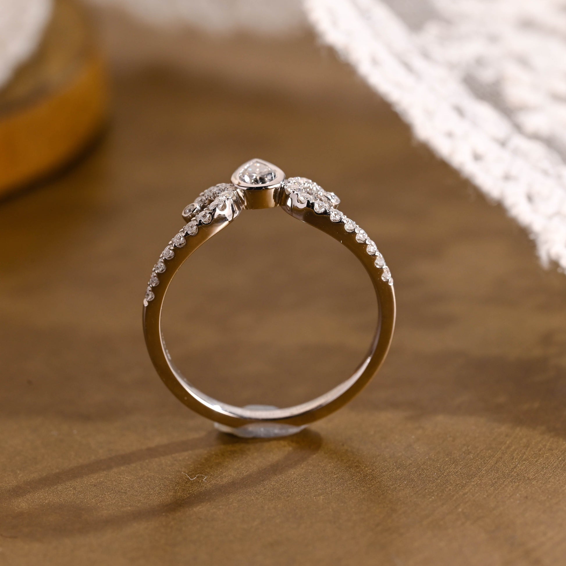 SquareJewelry women's wedding ring Solid Gold Filigree Pavé Wedding Curved Pear Moissanite Band