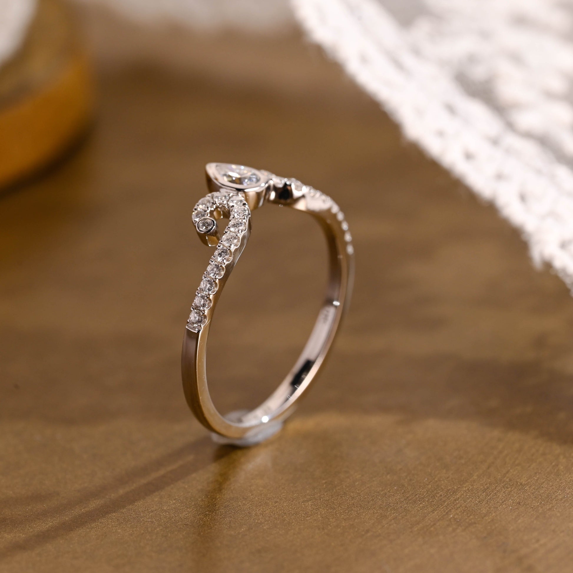SquareJewelry women's wedding ring Solid Gold Filigree Pavé Wedding Curved Pear Moissanite Band