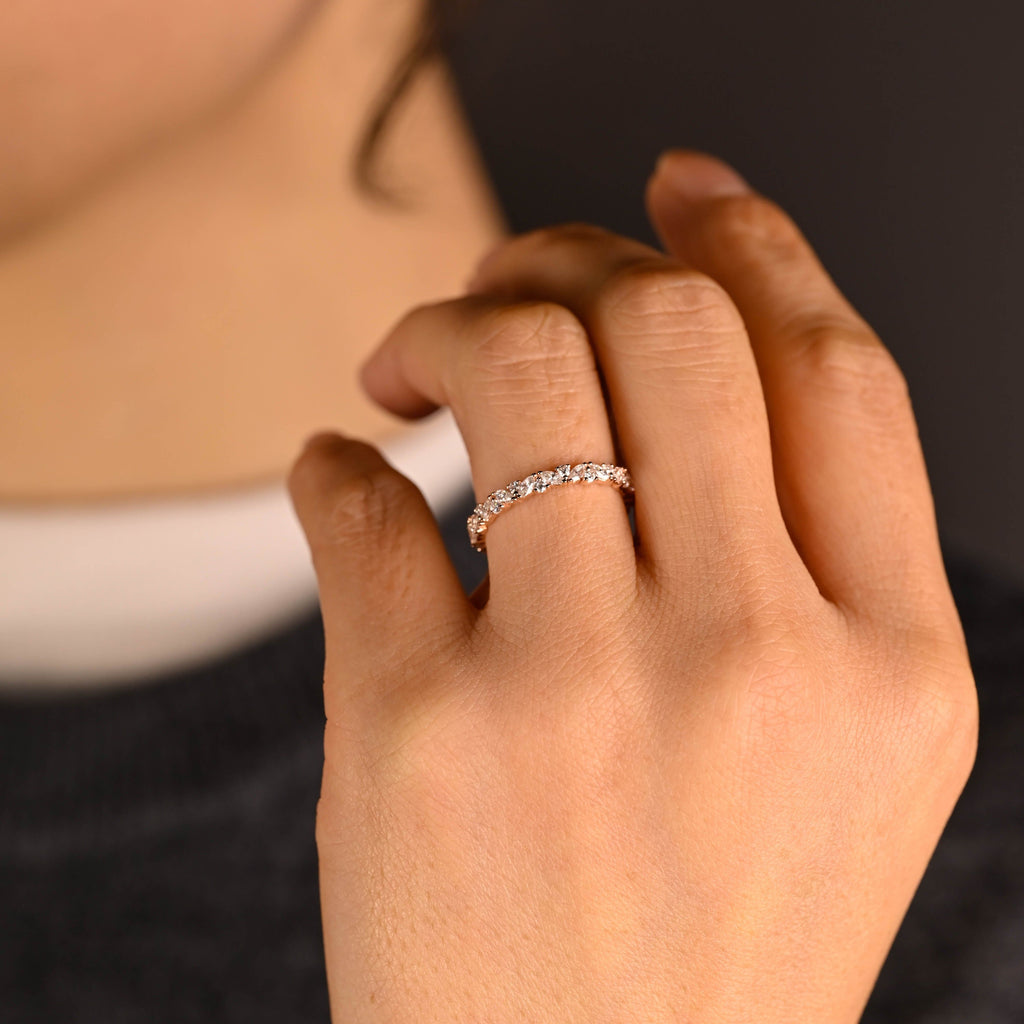 SquareJewelry women's wedding ring Solid Gold Full Eternity Cluster Marquise & Round Moissanite Wedding Band